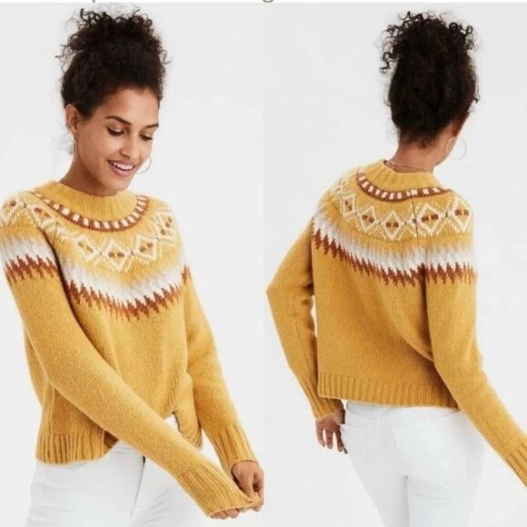 American Eagle Women's Mustard Yellow Fair Isle Mock Neck Vintage Sweater S - Picture 1 of 4